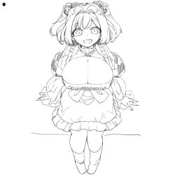 Rule 34 | 1girl, alternate breast size, apron, bell, blush, breasts, covered erect nipples, from above, greyscale, hair intakes, huge breasts, lineart, monochrome, motoori kosuzu, see-through, sitting, smile, toriga naku, touhou, twintails