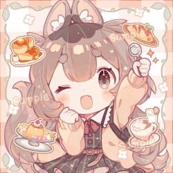Rule 34 | 1girl, ;d, amakawa tamawo, animal ear fluff, animal ears, arm up, artist name, belt, blush, border, bow, bowtie, brown eyes, brown hair, cardigan, checkered background, checkered border, chibi, collared dress, commentary, commission, cup, dress, english commentary, fang, food, frills, hands up, holding, holding spoon, jacket, long hair, long sleeves, looking at viewer, omelet, omurice, one eye closed, open cardigan, open clothes, open jacket, open mouth, original, ornate border, pancake, plaid, plaid dress, plate, pudding, puffy long sleeves, puffy sleeves, red bow, sample watermark, skin fang, smile, solo, sparkle, spoon, squirrel (jjjjmmn err), tail, teacup, thick eyebrows, twintails, upper body, very long hair, watermark