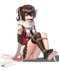 Rule 34 | 1girl, absurdres, arms behind back, bdsm, black gloves, black skirt, black thighhighs, bondage, bound, bound arms, bound legs, brown eyes, brown hair, chinese commentary, commentary, elbow gloves, feathers, gag, gagged, gloves, highres, kantai collection, miniskirt, panties, pleated skirt, scarf, school uniform, sendai (kancolle), sendai kai ni (kancolle), serafuku, single thighhigh, sitting, skirt, solo, thighhighs, tickling, tickling feet, two side up, underwear, white panties, white scarf, wo cao xiao