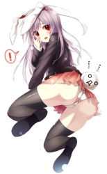 Rule 34 | !, 1girl, animal ears, ass, bad id, bad pixiv id, black thighhighs, gorilla (bun0615), highres, jacket, kedama (touhou), long hair, long sleeves, looking at viewer, looking back, o o, open mouth, panties, pantyshot, pleated skirt, purple hair, rabbit ears, rabbit girl, rabbit tail, red eyes, reisen udongein inaba, shirt, simple background, skirt, solo, spoken exclamation mark, tail, tears, thighhighs, touhou, underwear, upskirt, very long hair, white background, white panties