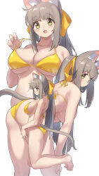 Rule 34 | 1girl, absurdres, animal ear fluff, animal ears, arukiru, ass, bare arms, barefoot, bent over, bikini, blush, breasts, brown hair, cat ears, cat girl, cat tail, cleavage, closed mouth, collarbone, commentary request, dot mouth, hair ribbon, highres, kneeling, large breasts, multiple views, navel, original, ribbon, sideboob, simple background, smile, standing, standing on one leg, swimsuit, tail, underboob, white background, yellow bikini, yellow eyes