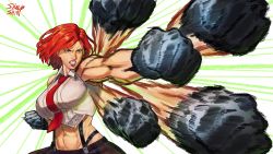 Rule 34 | 1girl, abs, action, angry, attack, biceps, blouse, boxing, clenched hand, clenched hands, clenched teeth, collared shirt, emphasis lines, gloves, highres, lipstick, makeup, motion blur, muscular, muscular female, necktie, punching, rapid punches, red eyes, red hair, sheep shin, shirt, short hair, sleeveless, sleeveless shirt, snk, speed lines, suspenders, teeth, the king of fighters, the king of fighters xv, toned, vanessa (kof), white shirt