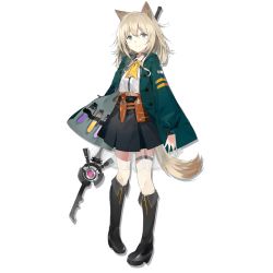 Rule 34 | 1girl, animal ears, arknights, artist request, belt, black footwear, black skirt, blonde hair, blouse, boots, dog ears, dog tail, full body, hair between eyes, knee boots, long sleeves, looking at viewer, medium hair, miniskirt, official art, pigeon-toed, pleated skirt, podenco (arknights), see-through, shirt, skirt, smile, solo, staff, standing, tachi-e, tail, test tube, thigh strap, transparent background, utility belt, white shirt