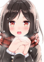 Rule 34 | 1girl, :d, aya223, blush, brown hair, brown jacket, enpera, jacket, long sleeves, looking at viewer, open mouth, original, pov, pov hands, red eyes, red scarf, scarf, school uniform, simple background, smile, solo focus, white background