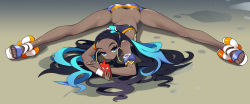 Rule 34 | 1girl, absurdres, armlet, ass, back, bare shoulders, bike shorts, black hair, blue eyes, blue hair, breasts, butt crack, cellphone, closed mouth, creatures (company), dark-skinned female, dark skin, earrings, expressionless, female focus, forehead, full body, game freak, gen 4 pokemon, gradient background, gym leader, hair ornament, highres, holding, holding phone, hoop earrings, jewelry, legs, long hair, looking at viewer, lying, multicolored footwear, multicolored hair, nessa (pokemon), nintendo, on stomach, phone, pokemon, pokemon (creature), pokemon swsh, puddle, rotom, rotom phone, sandals, shiny skin, simple background, small breasts, smartphone, solo, split, sports bra, spread legs, straddle split, streaked hair, tm (hanamakisan), two-tone hair, water