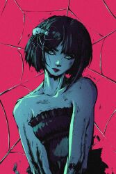 Rule 34 | 1girl, absurdres, akramness, bare shoulders, black hair, blue eyes, bug, commentary, dress, highres, looking at viewer, original, red background, red lips, short hair, silk, solo, spider, spider web, strapless, strapless dress