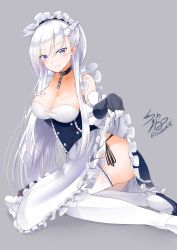 Rule 34 | 1girl, absurdres, azur lane, belfast (azur lane), blue eyes, blush, braid, breasts, chain, cleavage, collar, collarbone, commentary request, fingerless gloves, french braid, gloves, highres, large breasts, long hair, looking at viewer, maid, maid headdress, namikawa kuroha, signature, silver hair, smile, solo, thighhighs, twitter username, white thighhighs