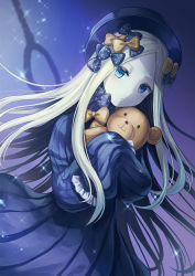 Rule 34 | 1girl, abigail williams (fate), black bow, black dress, black hat, blonde hair, blue eyes, blush, bow, closed mouth, commentary request, dress, dutch angle, fate/grand order, fate (series), forehead, hair bow, hands in opposite sleeves, hat, highres, hugging object, long hair, long sleeves, looking at viewer, noose, orange bow, parted bangs, polka dot, polka dot bow, seungju lee, solo, sparkle, stuffed animal, stuffed toy, teddy bear, very long hair