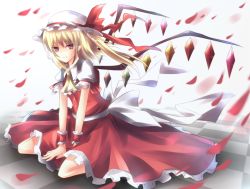 Rule 34 | 1girl, bad id, bad pixiv id, blonde hair, embodiment of scarlet devil, female focus, flandre scarlet, floor, full body, hat, itoo, light smile, petals, red eyes, sitting, solo, touhou, white background, wings, wristband