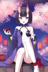 Rule 34 | 1girl, absurdres, alcohol, ankle ribbon, bad id, bad pixiv id, bare shoulders, black hair, bob cut, breasts, cherry blossoms, collarbone, cup, eyeliner, eyeshadow, fang, fate/grand order, fate (series), hayakawa (hayakawa illust), headpiece, highres, hikimayu, horns, japanese clothes, jewelry, kimono, leg ribbon, looking at viewer, makeup, off shoulder, open clothes, open kimono, purple eyes, purple kimono, revealing clothes, ribbon, sakazuki, sake, short eyebrows, short hair, shuten douji (fate), shuten douji (first ascension) (fate), skin-covered horns, small breasts, smile, solo