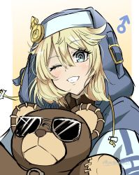 Rule 34 | 1boy, androgyne symbol, bangs, blonde hair, blue eyes, blush, bridget (guilty gear), cross, fingerless gloves, glint, gloves, guilty gear, guilty gear strive, highres, hood, hoodie, long hair, looking at viewer, male focus, mars symbol, one eye closed, open mouth, roger (guilty gear), simple background, smile, solo, stuffed animal, stuffed toy, sunglasses, synchroman, teddy bear, trap, yellow background, yo-yo