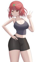 Rule 34 | 1girl, bad source, bike shorts, blush, breasts, cleavage, gem, hand on own hip, headpiece, highres, large breasts, looking at viewer, navel, nintendo, open mouth, pyra (xenoblade), red hair, shirt, short hair, simple background, smile, solo, sportswear, super smash bros., swept bangs, thick thighs, thighs, v, xenoblade chronicles (series), xenoblade chronicles 2, yissou art
