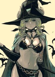 Rule 34 | 1girl, absurdres, breasts, cleavage, cloak, fake horns, green cloak, green eyes, green hair, hat, highres, holding, holding staff, horned headwear, horns, ishiyumi, long hair, looking at viewer, medium breasts, navel, skirt, solo, staff, standing, unicorn overlord, witch hat, yahna (unicorn overlord)
