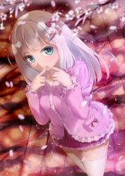 Rule 34 | 1girl, absurdres, blue eyes, bow, branch, eromanga sensei, finger touching, frilled skirt, frilled sleeves, frills, from above, hair bow, highres, izumi sagiri, jacket, long hair, looking at viewer, miniskirt, pink bow, pink jacket, pleated skirt, pocket, purple skirt, silver hair, skirt, solo, thighhighs, white thighhighs, xuanlin jingshuang, zettai ryouiki