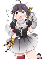 Rule 34 | 1girl, ahoge, animal ears, animal hands, black hair, black shirt, blush, fangs, gloves, gradient hair, grey skirt, halloween, hayanami (kancolle), highres, junes, kantai collection, multicolored hair, official alternate costume, open mouth, paw gloves, puffy short sleeves, puffy sleeves, revision, shirt, short hair, short sleeves, simple background, skirt, smile, solo, tail, white background, wolf ears, wolf paws, wolf tail, yellow eyes