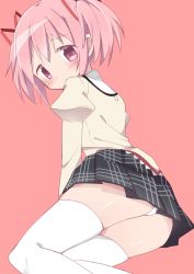 Rule 34 | 1girl, arm support, arms at sides, black skirt, blouse, blush, closed mouth, hair ribbon, highres, kaname madoka, looking at viewer, lying, magical girl, mahou shoujo madoka magica, mahou shoujo madoka magica (anime), on side, panties, panties day, pantyshot, pink background, pink eyes, pink hair, ribbon, shirt, short twintails, simple background, skirt, solo, tagme, thighhighs, tsubaki (tatajd), twintails, underwear, white panties, white thighhighs, yellow shirt