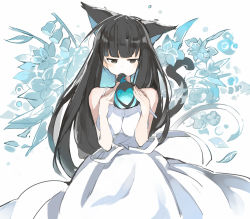 Rule 34 | 1girl, animal ears, bad id, bad pixiv id, bare shoulders, black hair, blue flower, blunt bangs, brown eyes, cat ears, cat girl, cat tail, covered mouth, dress, flower, hands up, heart, highres, holding, long hair, looking at viewer, mitu yang, original, ribbon, sleeveless, sleeveless dress, solo, tail, tail raised, very long hair, white background, white dress, white ribbon