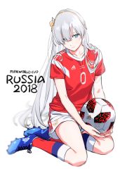 Rule 34 | 1girl, 2018 fifa world cup, adidas, anastasia (fate), bad id, bad twitter id, ball, blue eyes, blurry, clothes writing, commentary request, depth of field, fate/grand order, fate (series), grey hair, hairband, kinosuke (sositeimanoga), kneehighs, kneeling, long hair, looking at viewer, original, red shirt, russia, shirt, shoes, shorts, sitting, sneakers, soccer, soccer ball, soccer uniform, socks, solo, sportswear, telstar 18, white background, world cup