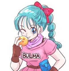 Rule 34 | 1girl, belt, blue eyes, blue hair, braid, bulma, character name, dragon ball, dragon ball (object), fingerless gloves, gloves, hair ribbon, happy, looking at viewer, miiko (drops7), one eye closed, pink shirt, ribbon, scarf, shirt, simple background, smile, solo, solo focus, tsuru hiromi, voice actor, white background