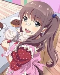 Rule 34 | 10s, 1girl, :d, apron, baking, brown hair, cream, cream on face, food, food on face, from above, green eyes, hair bobbles, hair ornament, long hair, looking at viewer, looking back, mixing bowl, official art, okamoto miyu, open mouth, polka dot, scrunchie, smile, solo, twintails, wake up girls!, wake up girls! stage no tenshi, whisk, wrist scrunchie