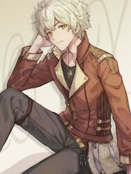 Rule 34 | 1boy, atelier (series), atelier escha &amp; logy, bag, black shirt, closed mouth, commentary request, grey pants, hand up, high collar, highres, jacket, jewelry, logix ficsario, long sleeves, looking at viewer, male focus, necklace, pants, red jacket, shirt, short hair, sitting, solo, white hair, yellow background, yellow eyes, yuri yone