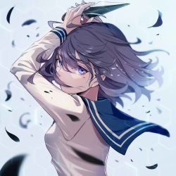 Rule 34 | 1girl, arms up, blue sailor collar, commentary request, copyright request, covered mouth, debris, floating hair, hair over mouth, highres, holding, holding weapon, kunai, long sleeves, looking at viewer, medium hair, pokimari, purple eyes, purple hair, sailor collar, school uniform, serafuku, shirt, solo, upper body, weapon, white shirt