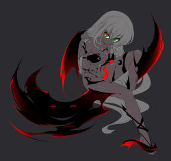 Rule 34 | 1girl, arm up, blade, breasts, character request, colored skin, crescent, dark-skinned female, dark skin, demon girl, evil grin, evil smile, grey background, grey skin, grin, hand in own hair, hooves, katami shinta, leg up, looking at viewer, multicolored eyes, parted lips, pixiv mahou gakuen, sitting, small breasts, smile, solo, white hair