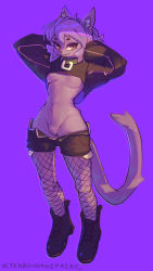 Rule 34 | 1girl, absurdres, animal ear fluff, animal ears, animal nose, arms behind head, arms up, artist name, black footwear, black shorts, body fur, boots, breasts, cat ears, cat girl, cat tail, chromatic aberration, clothes lift, collar, commentary, cropped jacket, dated, english commentary, exposed pocket, fang, fang out, fishnet pantyhose, fishnets, full body, furry, furry female, groin, highres, jacket, jacket lift, pantyhose under shorts, long sleeves, looking at viewer, medium breasts, medium hair, messy hair, mons pubis, navel, nipples, no bra, open clothes, open fly, open shorts, original, pantyhose, puffy long sleeves, puffy sleeves, purple background, purple hair, purple theme, pussy, shoelaces, shoes, short eyebrows, short shorts, shorts, signature, simple background, smile, solo, standing, tail, ultra (ultrabondagefairy), ultrabondagefairy, uncensored