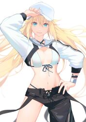 Rule 34 | 1girl, arm up, artoria caster (fate), artoria caster (swimsuit) (fate), artoria caster (swimsuit) (first ascension) (fate), artoria pendragon (fate), asymmetrical clothes, asymmetrical pants, baseball cap, bikini, black pants, black ribbon, blonde hair, blurry, bracelet, cowboy shot, criss-cross halter, cropped jacket, depth of field, fate/grand order, fate (series), green eyes, halterneck, hand on headwear, hand on own hip, hat, hat tip, highres, jacket, jewelry, long hair, long sleeves, looking at viewer, navel, open pants, pants, parted lips, pisu, ribbon, simple background, single pantsleg, smile, solo, striped clothes, striped jacket, striped ribbon, swimsuit, twintails, white background, white bikini, white hat, white jacket, white wristband