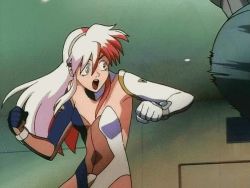 Rule 34 | 1girl, animated, animated gif, battle, birdy, birdy cephon altera, clenched teeth, damaged, elbow gloves, gloves, indoors, leotard, long hair, lowres, multicolored hair, red hair, robot, surprised, teeth, tetsuwan birdy, two-tone hair, violence, white hair