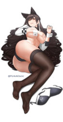 Rule 34 | 1girl, absurdres, animal ears, ass, atago (azur lane), atago (stunning speedster) (azur lane), azur lane, bikini, bra, unworn bra, breasts, brown hair, brown thighhighs, checkered flag, covering privates, covering breasts, extra ears, flag, full body, highleg, highleg bikini, highres, large breasts, long hair, lying, mole, mole under eye, no shoes, official alternate costume, on side, orange eyes, porko, race queen, ribbon, shrug (clothing), simple background, sleeve cuffs, soles, solo, swimsuit, thighhighs, thighs, two-tone bikini, underwear, very long hair, white background, white ribbon, wrist cuffs
