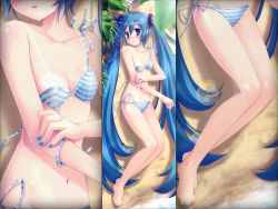 Rule 34 | 1girl, :o, ahoge, arm grab, barefoot, beach, bikini, bikini pull, bikini tan, blue eyes, blue hair, blue nails, blurry, blush, breasts, cleavage, close-up, clothes pull, collarbone, covered erect nipples, depth of field, embarrassed, feet, female focus, fingernails, from above, full body, groin, hatsune miku, head tilt, highres, ikegami akane, leaf, legs, lens flare, long hair, looking at viewer, lying, matching hair/eyes, multiple views, nail polish, nature, navel, on back, on ground, open mouth, outdoors, parted bangs, sand, scrunchie, side-tie bikini bottom, small breasts, string bikini, striped bikini, striped clothes, swimsuit, tan, tanline, toes, twintails, untied bikini, very long hair, vocaloid, wallpaper, water, wet, zoom layer