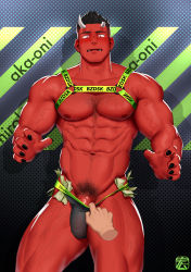 Rule 34 | 1boy, abs, absurdres, arm hair, assisted exposure, bara, black hair, black nails, broken horn, bulge, chest hair, chest harness, colored skin, demon boy, demon horns, disembodied limb, embarrassed, facial hair, fangs, green eyes, hairy, harness, highres, hiroki bzdsk, horns, jockstrap, large pectorals, leg hair, male focus, male pubic hair, male underwear, male underwear pull, mature male, money, monster boy, muscular, muscular male, nail polish, navel, navel hair, nipples, original, pectorals, penis, penis peek, pubic hair, pulling another&#039;s clothes, red pupils, red skin, short hair, sideburns, solo focus, spiked hair, stomach, stubble, thick thighs, thighs, tucked money, underwear, underwear only, undressing another