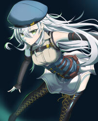 Rule 34 | 1girl, absurdres, beret, black hat, boots, breasts, detached sleeves, double-parted bangs, eiyuu densetsu, fie claussell, floating hair, green eyes, hair between eyes, hat, highres, kuro no kiseki, long hair, looking at viewer, small breasts, solo, thigh boots, white hair, witch f
