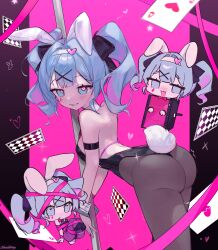 Rule 34 | 1girl, animal ears, artist request, ass, back, bare shoulders, blue eyes, blue hair, blush, card, chibi, cuffs, fake animal ears, hair ornament, handcuffs, hatsune miku, heart, heart-shaped pupils, leotard, looking back, necktie, pantyhose, pink background, playboy bunny, poker, polearm, pure pure (rabbit hole), rabbit ears, rabbit tail, smile, symbol-shaped pupils, twintails, vocaloid, weapon, x hair ornament