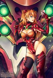 Rule 34 | 10s, 1girl, absurdres, adapted costume, blue eyes, boots, breasts, brown hair, cleavage, cleavage cutout, clothing cutout, eva 02, evangelion: 3.0 you can (not) redo, from side, gloves, groin, hair ornament, high heel boots, high heels, highleg, highleg leotard, highres, holding, holding phone, large breasts, leotard, lips, long hair, looking at viewer, mecha, medium breasts, neon genesis evangelion, ninecolor, orange hair, outdoors, phone, pilot suit, plugsuit, railing, rebuild of evangelion, red footwear, red leotard, red thighhighs, robot, selfie, selfie pose, skin tight, smile, solo, souryuu asuka langley, standing, sunset, thigh boots, thighhighs, turtleneck, two side up, v, wide hips