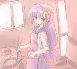 Rule 34 | 1girl, cooking, crescent, crescent hair ornament, female focus, hair ornament, patchouli knowledge, purple eyes, purple hair, solo, touhou