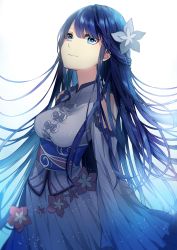 Rule 34 | 1girl, absurdres, bad id, bad twitter id, blue background, blue eyes, blue hair, breasts, closed mouth, dress, floating hair, flower, gradient background, hair flower, hair ornament, half updo, highres, long hair, looking at viewer, medium breasts, merc storia, ryunrii, sash, smile, sogawa, solo, white background, white dress