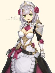 Rule 34 | 1girl, :d, apron, armor, armored dress, ascot, asicah, beige background, belt, braid, braided ponytail, breasts, character name, cleavage, dated, dress, flower, gauntlets, genshin impact, green eyes, grey hair, hairband, layered dress, medium breasts, noelle (genshin impact), open mouth, red ascot, rose, short hair, shoulder armor, smile, solo, upper body, waist apron, yellow background