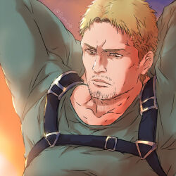 Rule 34 | 1boy, arms behind head, bara, blonde hair, facial hair, goatee stubble, green shirt, isomine, looking down, male focus, mature male, mustache stubble, official alternate costume, pectorals, reiner braun, sanpaku, serious, shingeki no kyojin, shirt, short hair, solo, stubble, t-shirt, three-dimensional maneuver gear, toned, toned male, upper body, v-shaped eyebrows