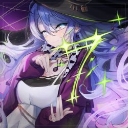 Rule 34 | 1girl, absurdres, choker, coat, commentary, dress, earrings, english commentary, hat, highres, jewelry, lock, long hair, long sleeves, looking at viewer, magic, mins (minevi), necklace, phase connect, purple eyes, purple hair, shisui michiru (phase connect), sky, solo, star (sky), star (symbol), star earrings, starry sky, virtual youtuber, witch, witch hat