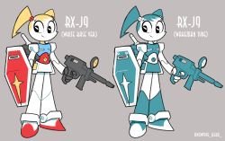 Rule 34 | 1girl, android, beam rifle, black eyes, energy gun, fusion, grey background, gun, gundam, holding, holding gun, holding shield, holding weapon, jenny wakeman, mobile suit gundam, my life as a teenage robot, newtype hero, no humans, rx-78-2, science fiction, shield, smile, twintails, twitter username, variations, weapon