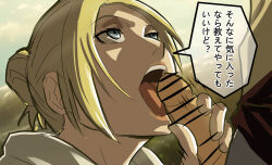 Rule 34 | 1boy, 1girl, absurdres, annie leonhart, blonde hair, censored, fellatio, hetero, highres, licking, licking penis, looking at another, looking up, nier (artist), open mouth, oral, penis, shingeki no kyojin, solo focus, tongue