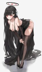 Rule 34 | 1girl, absurdly long hair, anklet, bent over, bikini, black bikini, black bow, black dress, black hair, black halo, black sleeves, black thighhighs, blue archive, blush, bow, breasts, bright pupils, closed mouth, dema hmw, dress, earrings, full body, hair ornament, hairclip, halo, high heels, highres, jewelry, large breasts, long hair, looking at viewer, pumps, red eyes, rio (blue archive), shoes, side slit, solo, stiletto heels, swimsuit, thighhighs, very long hair, white pupils