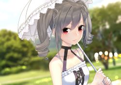 Rule 34 | 1girl, bare shoulders, black ribbon, blurry, blurry background, blush, bokeh, breasts, cleavage, collarbone, day, depth of field, dress, drill hair, frilled dress, frills, grey hair, hair between eyes, hair ribbon, halter dress, halterneck, highres, holding, holding umbrella, idolmaster, idolmaster cinderella girls, jun project, kanzaki ranko, long hair, parasol, red eyes, ribbon, sleeveless, sleeveless dress, small breasts, solo, twin drills, twintails, two-handed, umbrella, upper body, white dress, white ribbon