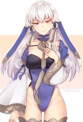Rule 34 | 1girl, breasts, carrot (robosquat), closed mouth, fire emblem, fire emblem: three houses, gluteal fold, hair ornament, jewelry, large breasts, leotard, long hair, long sleeves, lysithea von ordelia, nintendo, pink eyes, ring, simple background, solo, tearing up, twitter username, white hair, wide sleeves