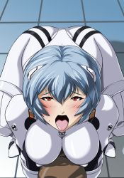 Rule 34 | 1girl, ayanami rei, bdsm, blue hair, blush, bondage, bound, breasts, covered erect nipples, facing viewer, highres, hinokawa jun, interface headset, large breasts, legs, looking at viewer, lying, neon genesis evangelion, on stomach, open mouth, plugsuit, raised eyebrows, red eyes, restrained, short hair, solo, sweat, thighs, tongue