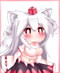 Rule 34 | 1girl, alternate hair length, alternate hairstyle, animal ear fluff, animal ears, arms behind back, black skirt, blush, border, breasts, bright pupils, chibi, commentary, contrapposto, cowboy shot, detached sleeves, expressionless, hat, inubashiri momiji, large breasts, leaning forward, long hair, looking to the side, midriff, navel, pom pom (clothes), red border, red eyes, red hat, ribbon-trimmed sleeves, ribbon trim, simple background, skirt, sleeves past fingers, sleeves past wrists, solo, standing, tail, tokin hat, touhou, very long hair, white background, white pupils, wolf ears, wolf tail, yairenko