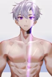 Rule 34 | 1boy, abs, absurdres, barcode, barcode tattoo, collarbone, commentary, grey background, highres, looking at viewer, male focus, muscular, muscular male, original, parted lips, pectorals, purple eyes, purple hair, short hair, solo, sweat, tattoo, topless male, upper body, very short hair, wet, wet hair, yoru (yowuyoru)