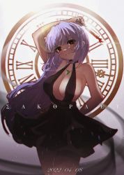 Rule 34 | 1girl, arm behind back, arm behind head, artist name, azur lane, black dress, breasts, center opening, champagne flute, chinese commentary, clock, cup, dated, dress, drinking glass, essex (azur lane), essex (craft fairytail) (azur lane), evening gown, gem, green gemstone, halter dress, halterneck, highres, holding, large breasts, long hair, looking at viewer, orange eyes, purple hair, short dress, sleeveless, sleeveless dress, solo, standing, yu skl